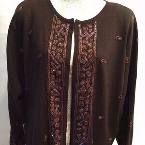LANE BRYANT Designs Collection Brown Sequin Open Front Sweater Cardigan 14 / 16